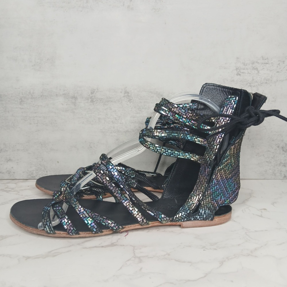 Free People Iridescent Gladiator Sandals Strappy Metallic Glitter Black Women 38